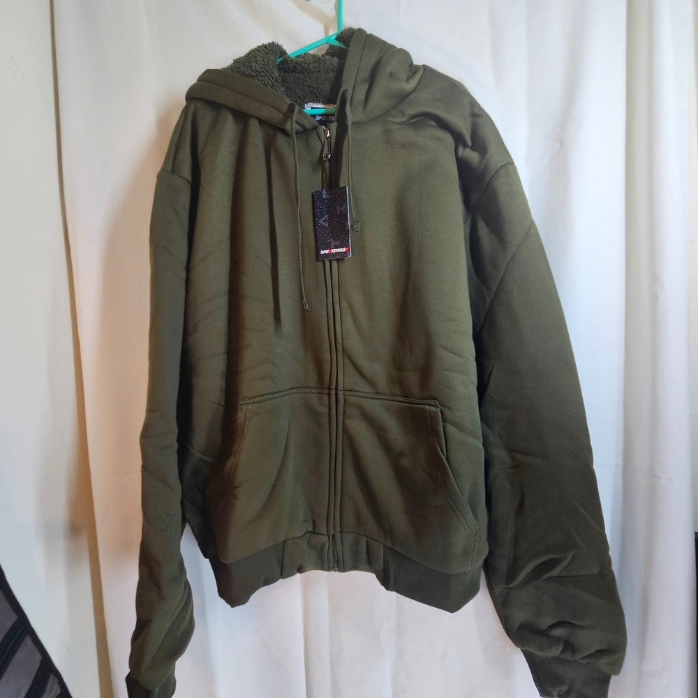 Sportswear‎ Sherpa Lined Full Zip Hoodie Military Green Warm Jacket 3XL